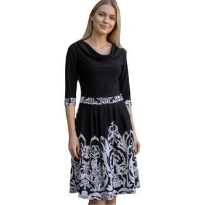 Reborn Border Print Fit & Flare Sweater Dress with Cowl Neck Size Medium